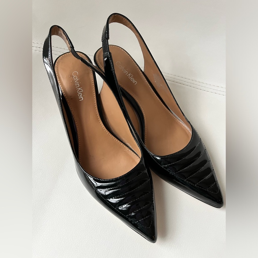Calvin Klein Womens Size 6.5 Black Patent Leather SlingBack Heels Pumps